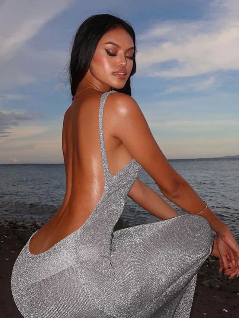 See through Dress Female 2024Summer Thin Sleeveless Glitter Splits Coquette Backless Clubwear Beach Sexy Vestidos