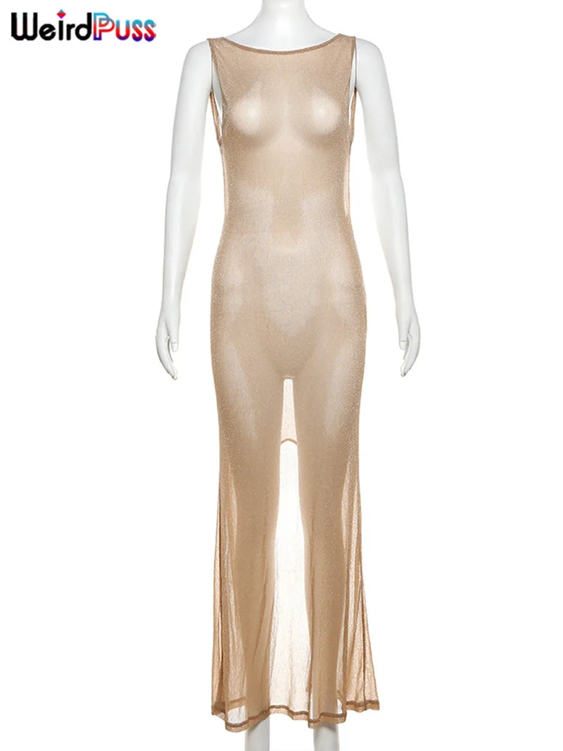 See through Dress Female 2024Summer Thin Sleeveless Glitter Splits Coquette Backless Clubwear Beach Sexy Vestidos